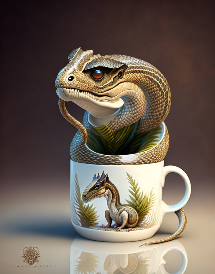 Realistic 3D Snake Emerging from Coffee Cup with Smaller Snake Image