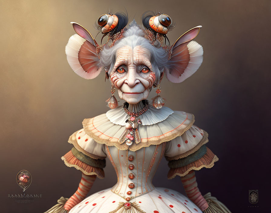 Elderly female character with oversized ears in ornate ruffled dress