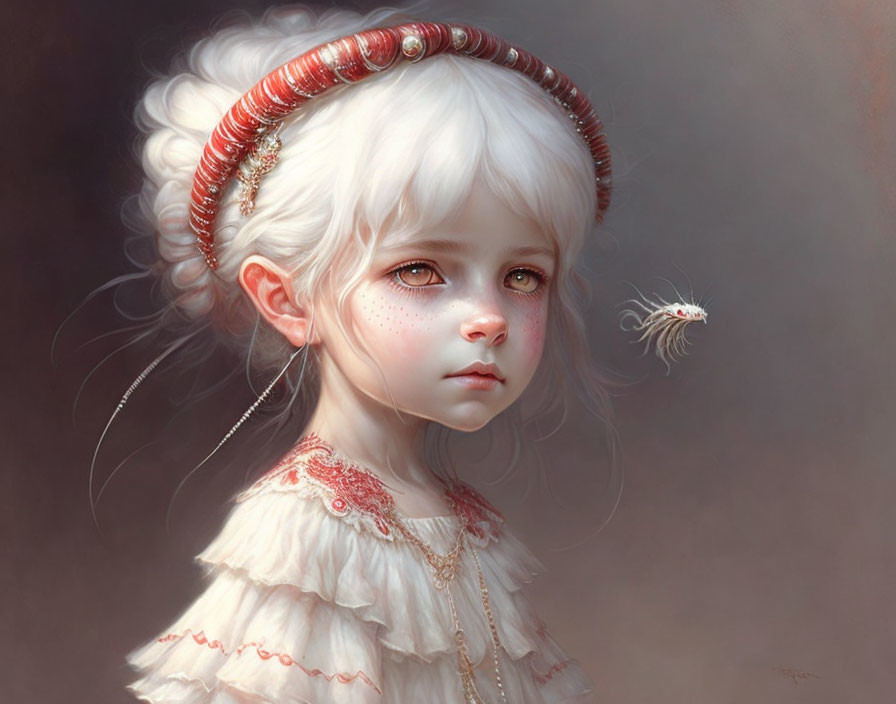 Young girl with white hair and freckles in vintage clothing with whimsical creature.