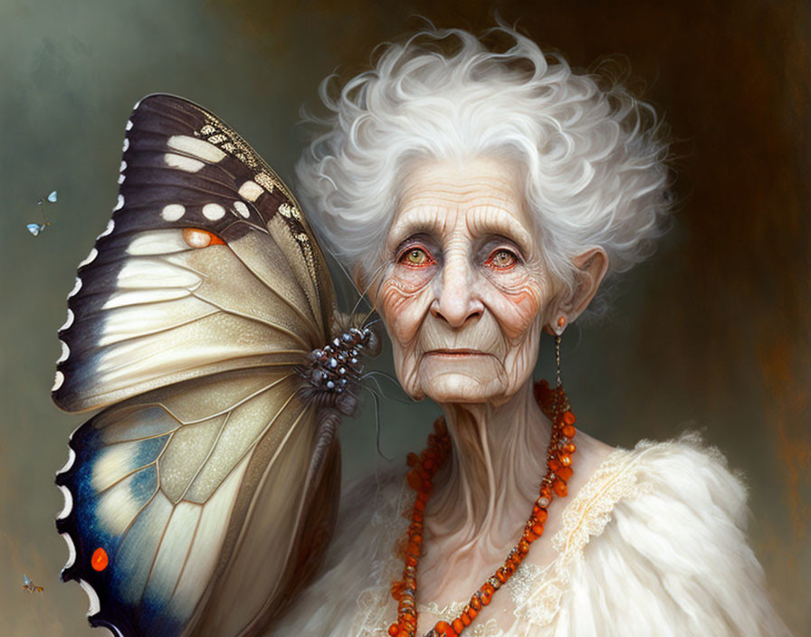 Detailed digital painting of elderly woman with white hair and butterfly on shoulder