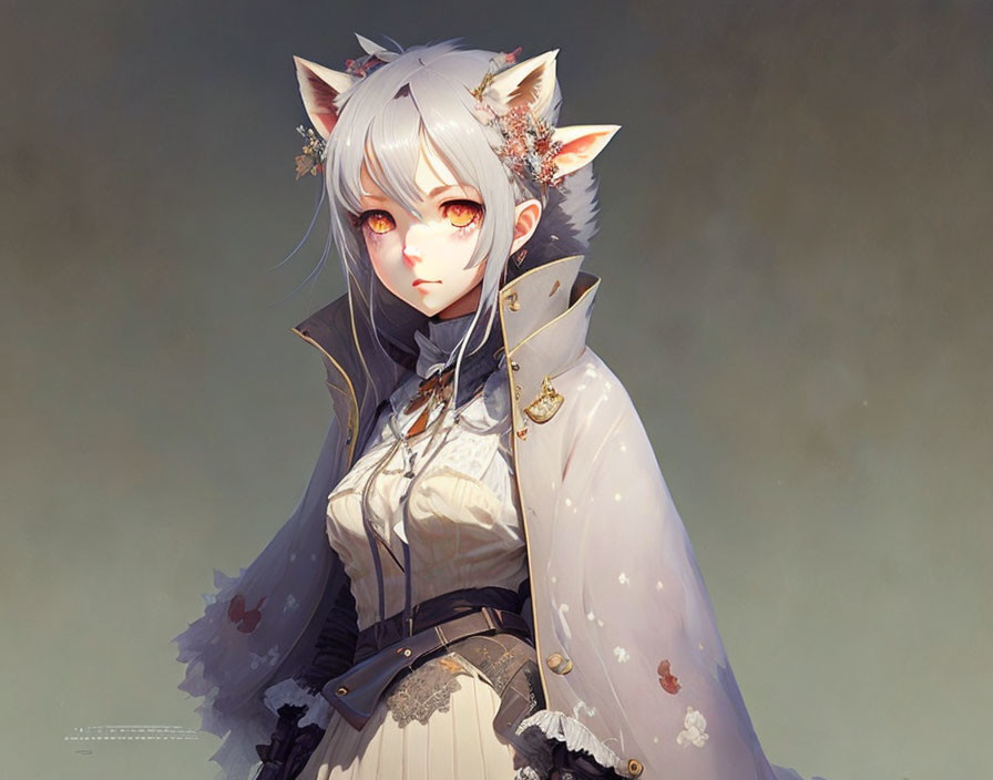 Illustration of character with white hair, animal ears, golden eyes, and leafy headpiece in