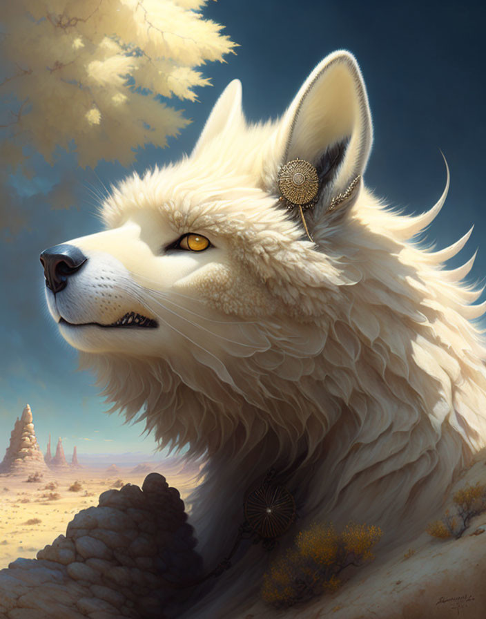 Majestic white wolf with adornments in sunny desert landscape