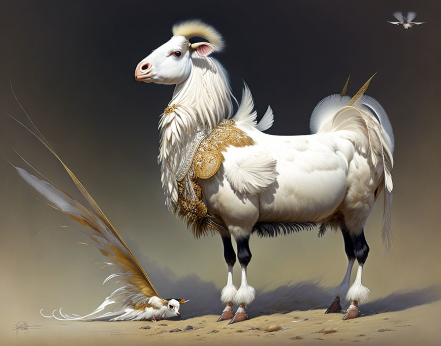 Caprine and avian fusion with white and brown plumage and golden ornaments