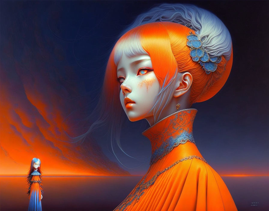 Artwork featuring two female figures in orange attire against vibrant sky