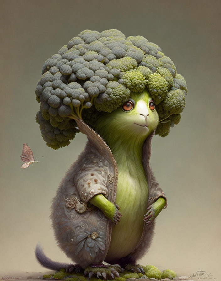 Avocado and Broccoli Anthropomorphic Character with Butterfly