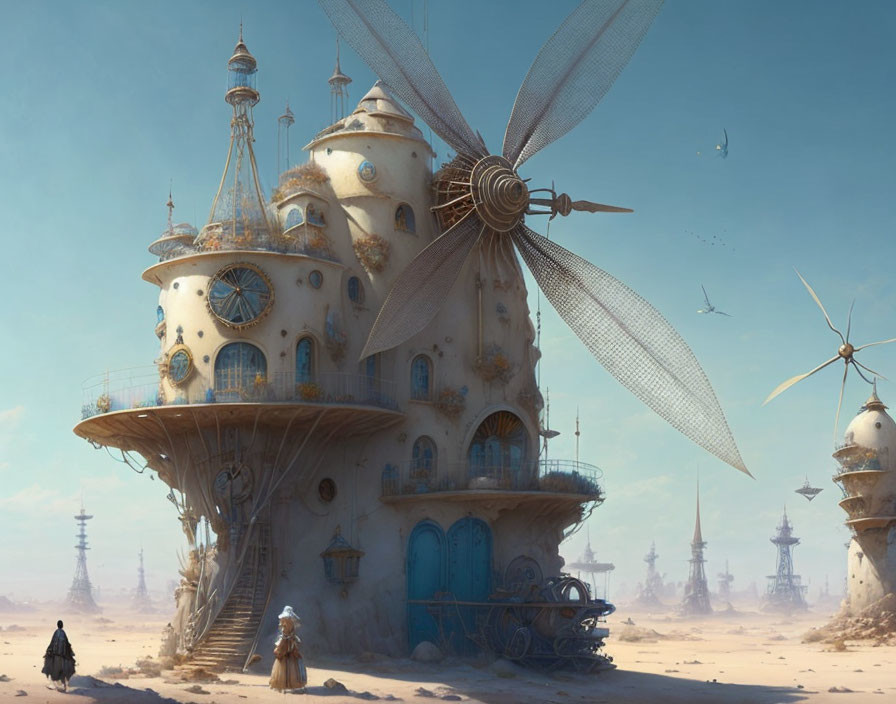 Ornate desert windmill structure with figures and more in background