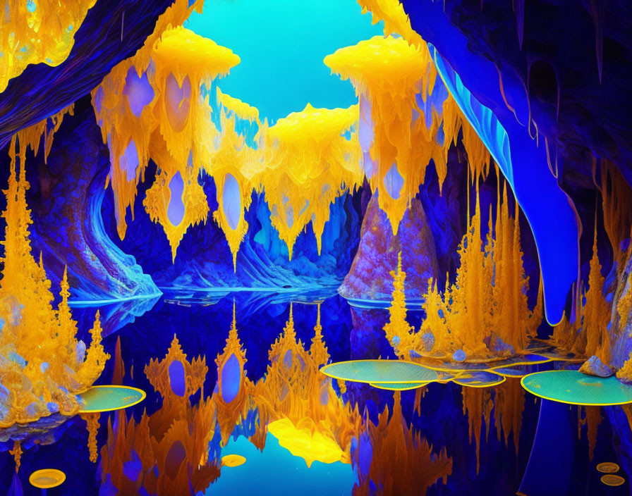 Surreal cave digital artwork with blue walls and glowing stalactites and stalagmites