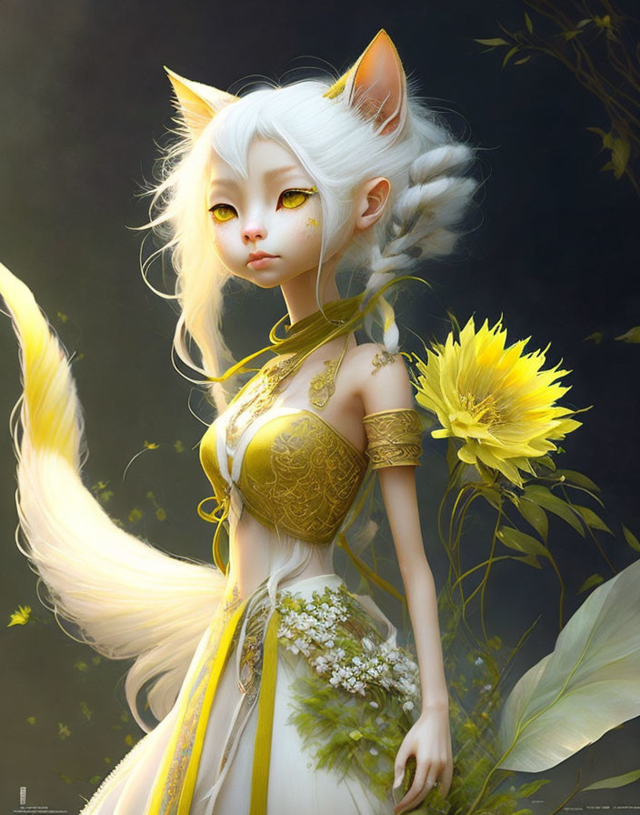 Ethereal feline character in golden armor with white hair among sunflowers