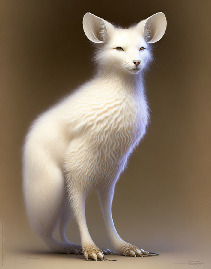 Anthropomorphic white fox creature digital artwork on beige background