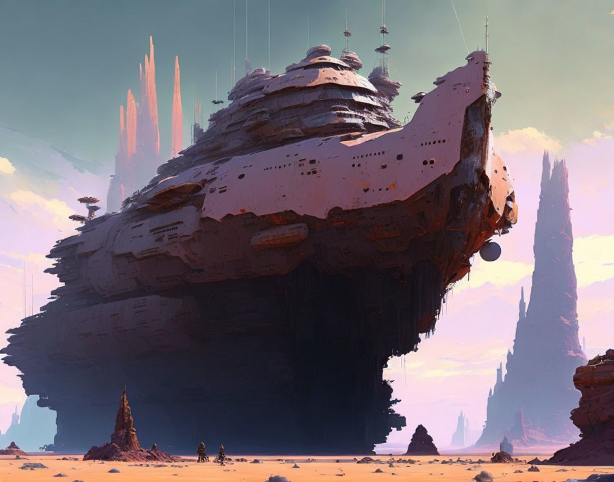 Futuristic spaceship over barren desert with rock formations