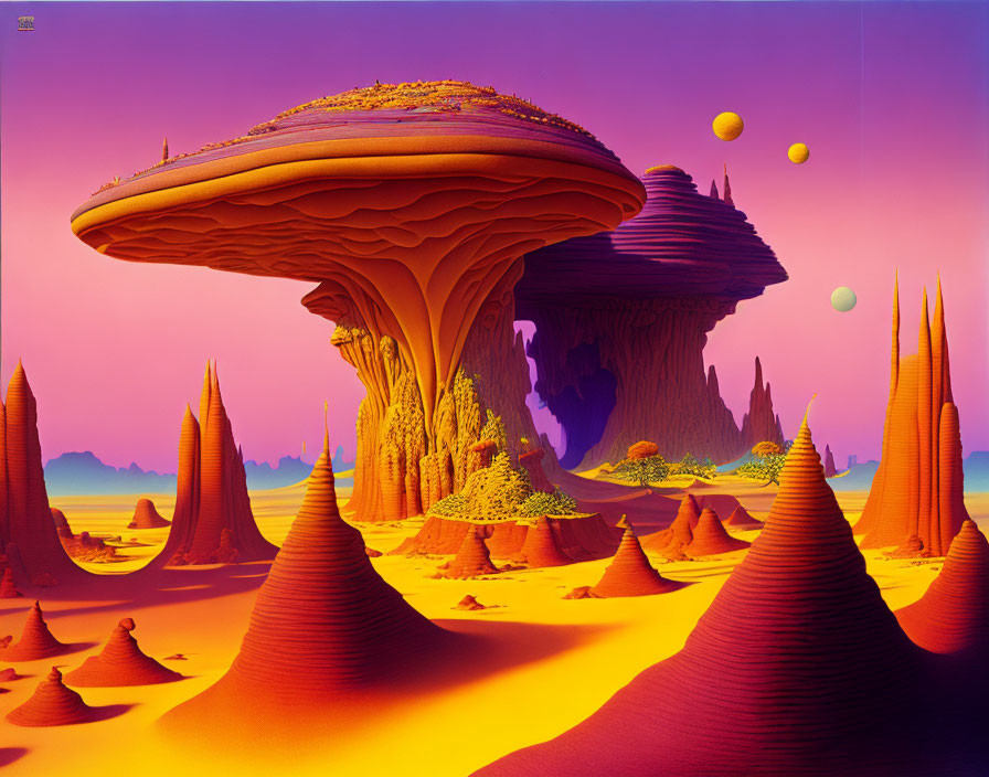 Surreal desert landscape with mushroom-shaped rocks and floating spheres