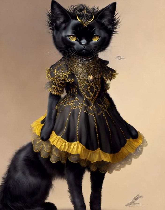 Black Cat in Elaborate Black and Gold Dress with Crown