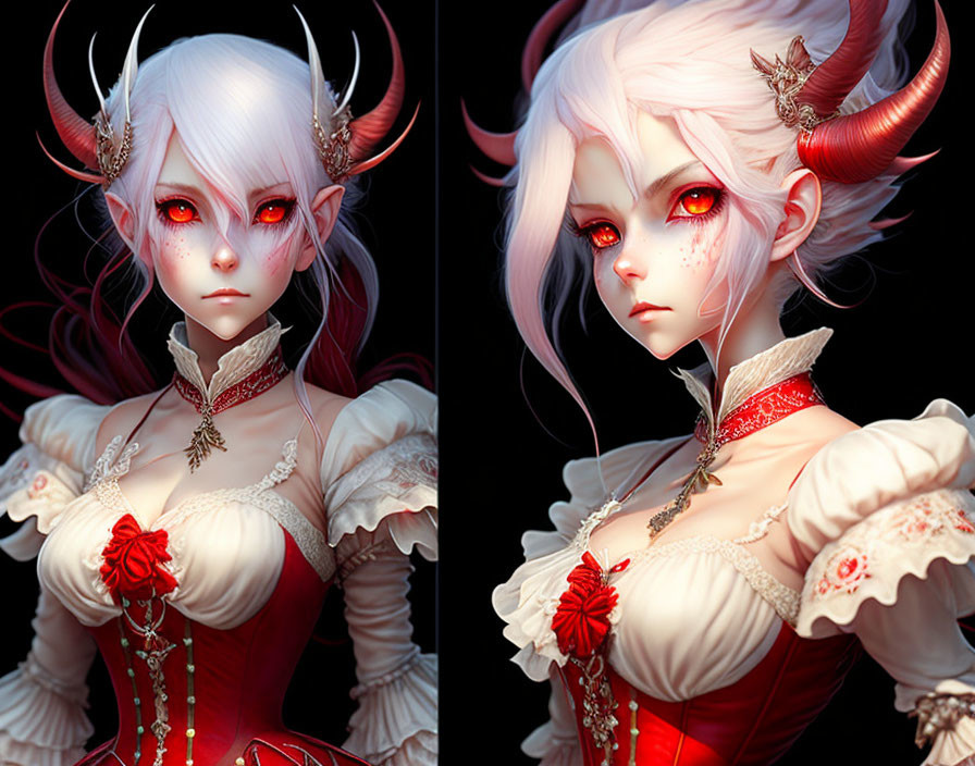 Fantasy illustration of character with white hair, red eyes, horns, ornate white and red outfit