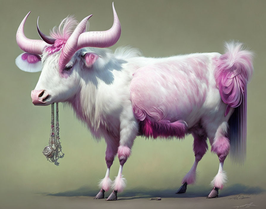 Pink and white cow-like creature with curved horns illustration