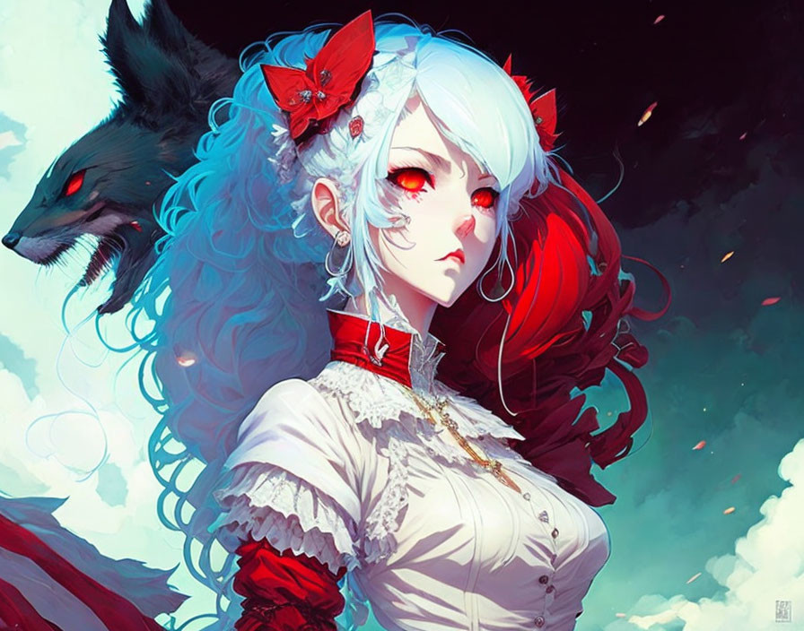 White-Haired Girl in Victorian Dress with Red-Eyed Wolf