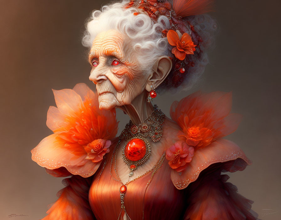 Elderly woman with white hair, orange flowers, ruffled collar, and necklace