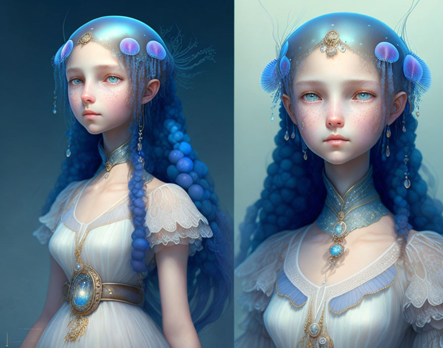 Fantastical digital artwork of serene female figure with blue-themed attire and jellyfish-like accessories.