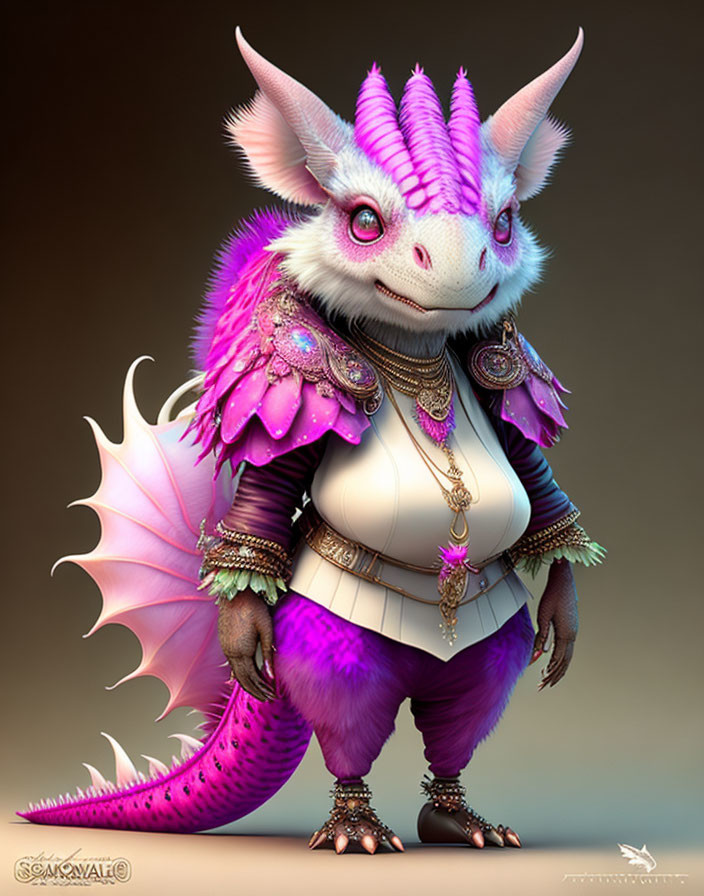 Anthropomorphic dragon digital art: purple and white scales, pink feathers, jewelry, medieval attire.