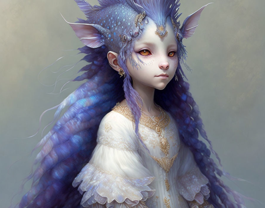 Fantasy creature with violet and blue hair, pointed ears, yellow eyes, delicate features, intricate jewelry