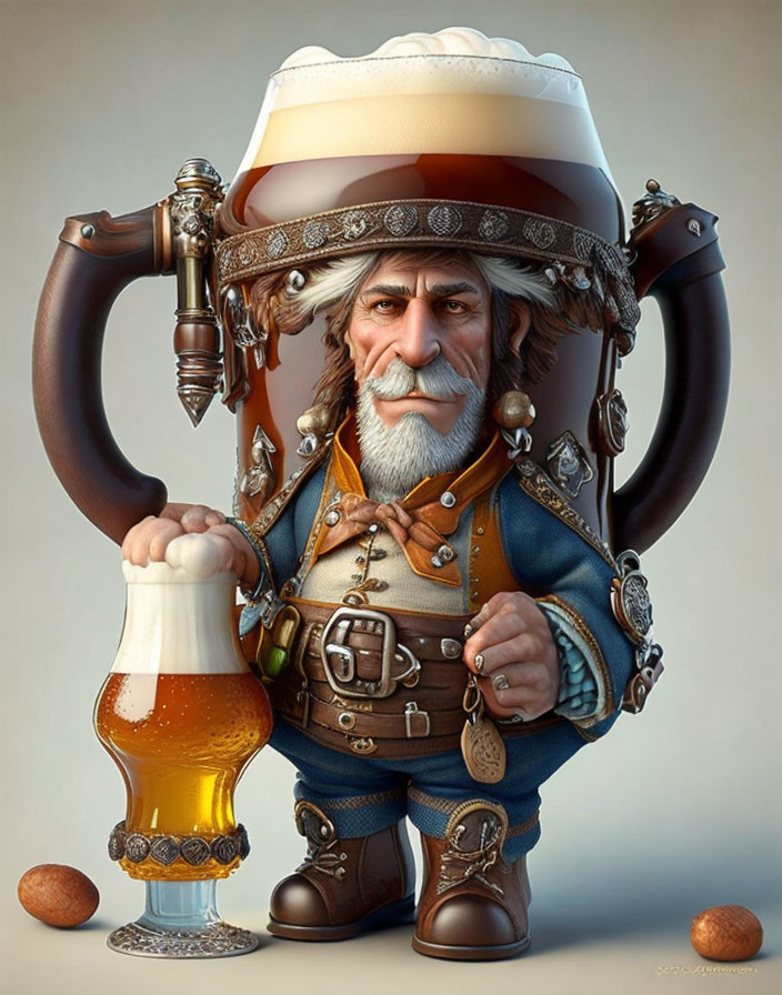 Elderly man merged with beer mug holding pint, adorned with jewelry and blue coat