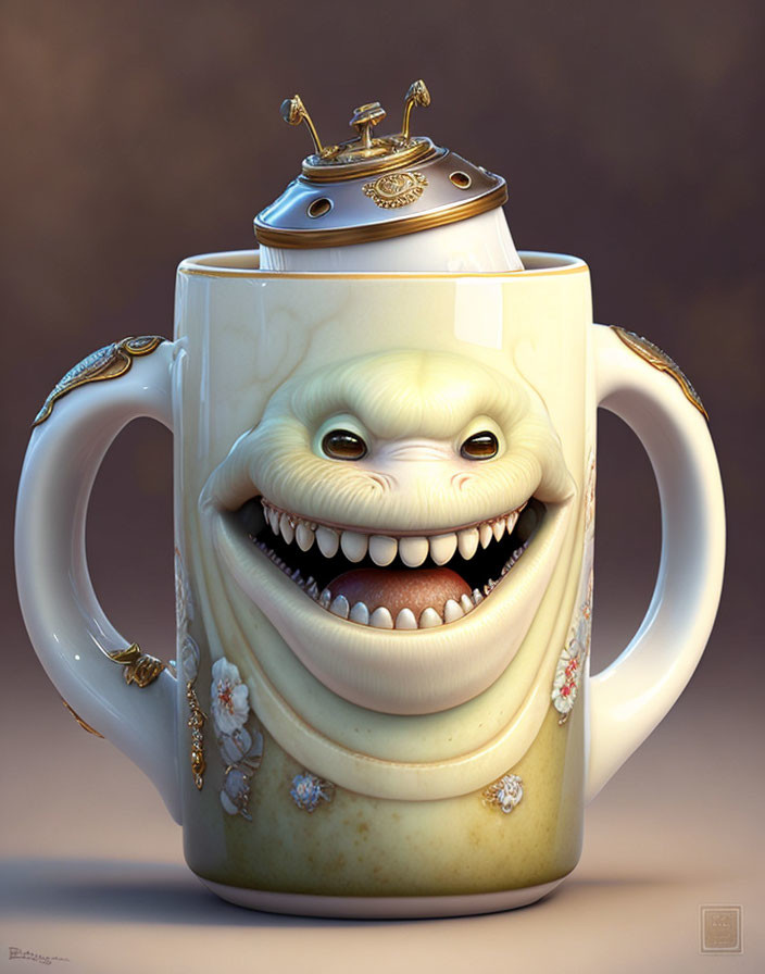 Whimsical 3D illustration: Teacup with smiling monstrous face