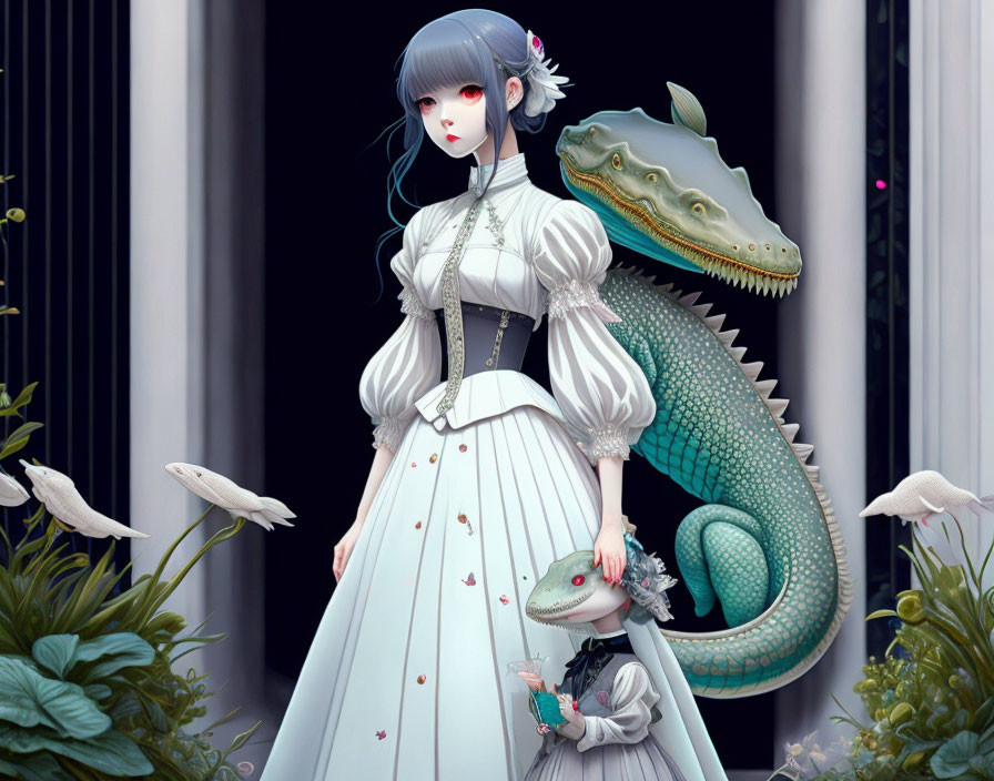 Gothic-style animated woman with blue hair and dragon in nature scene