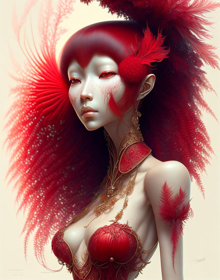 Stylized portrait with red feathers, gold jewelry, and fantasy theme