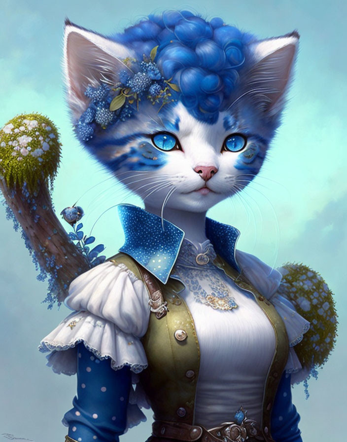 Blue and white anthropomorphic cat with floral hair in Renaissance attire