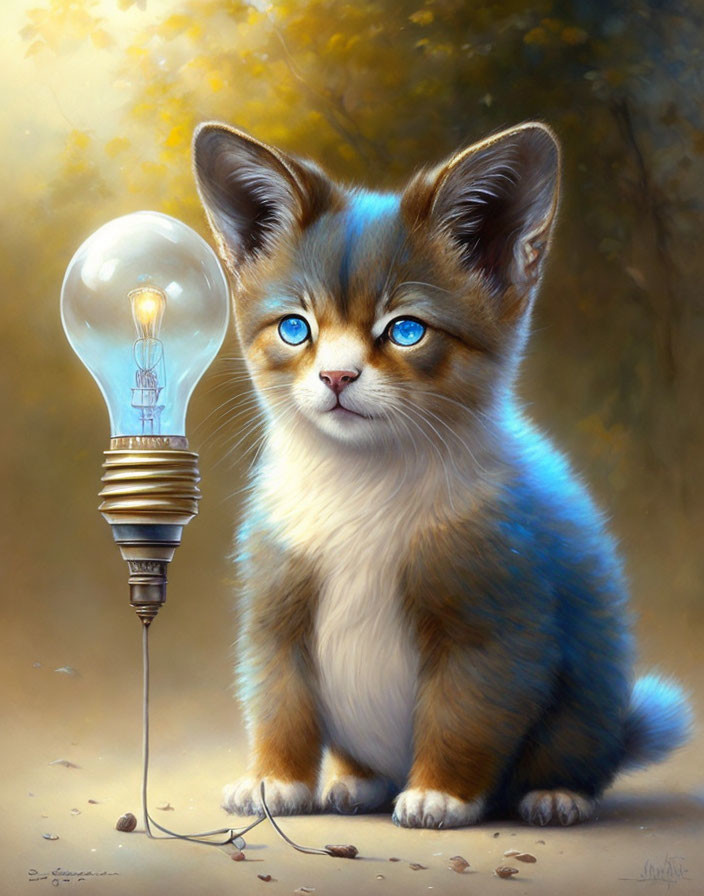 Fluffy kitten with blue eyes next to glowing light bulb on golden background