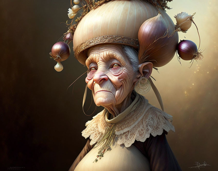 Whimsical elderly character with onion hat and nostalgic look