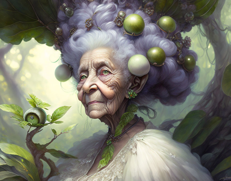 Regal elderly woman with fruit and leaves in forest setting