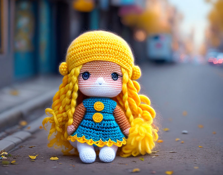 Crochet doll with yellow hair, blue dress, and white mask on pavement with fallen leaves