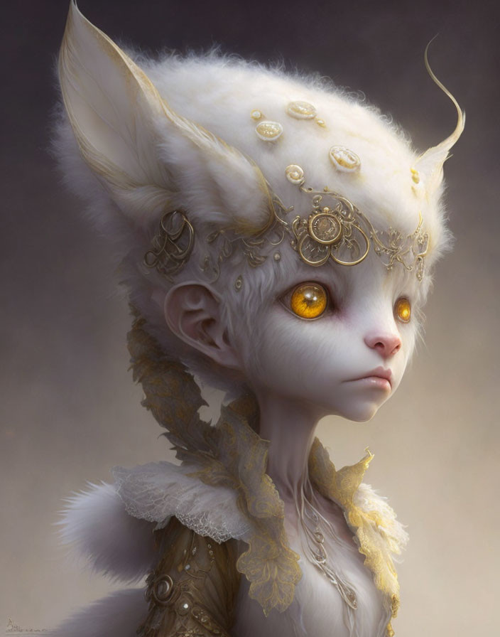 Fantastical creature with white fur and golden headgear