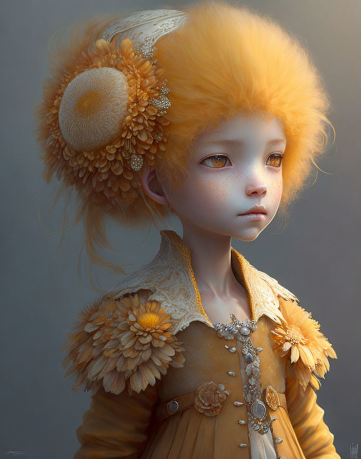 Whimsical digital artwork of pale-skinned girl with expressive eyes and orange hair adorned with flowers.