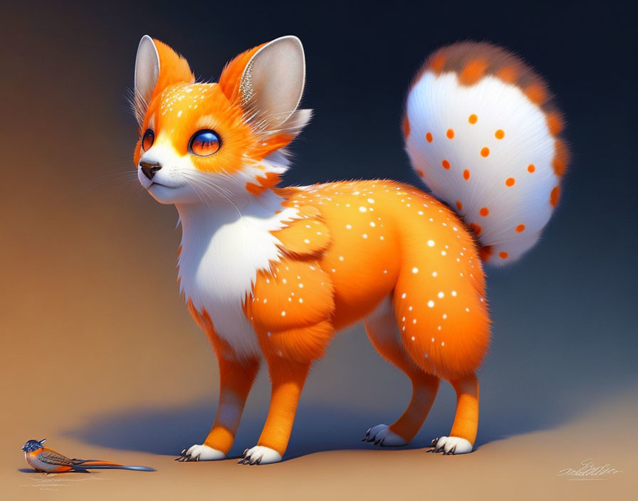 Whimsical orange and white creature with fox-like features beside a small bird