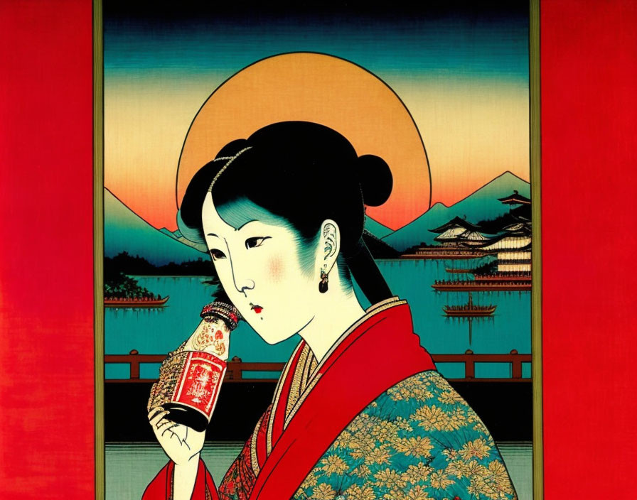 Japanese woodblock print: Woman in red kimono with drum, mountains & rising sun