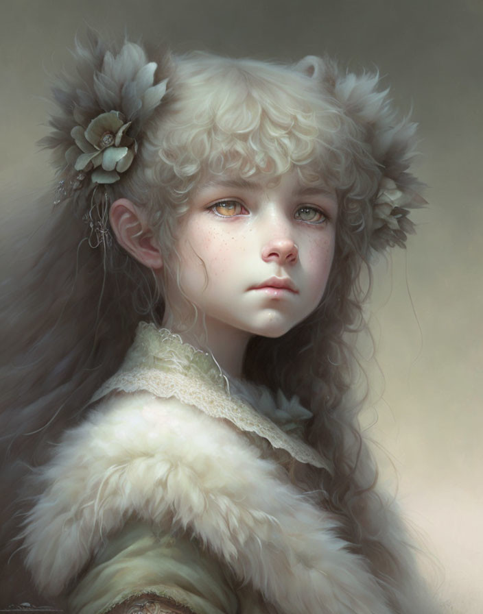 Young girl in white furry hat and collar with flowers, gazing wistfully