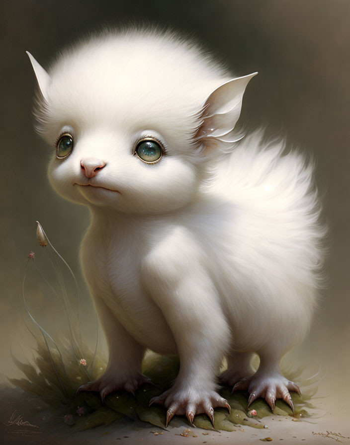 Fluffy white kitten-like creature with emerald green eyes and elfin ears on muted backdrop