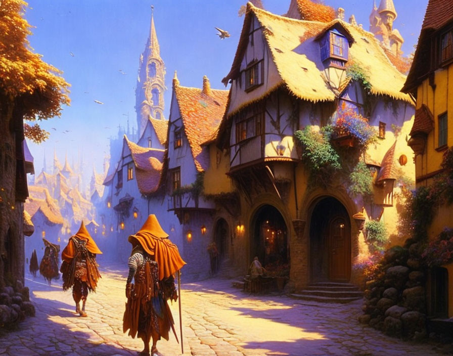 Medieval village fantasy artwork with cobblestone streets and quaint houses