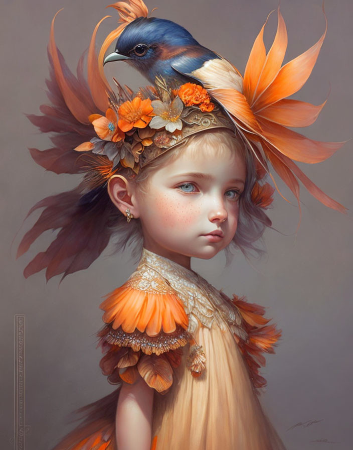 Young girl portrait with ornate feather headdress and bird in warm tones