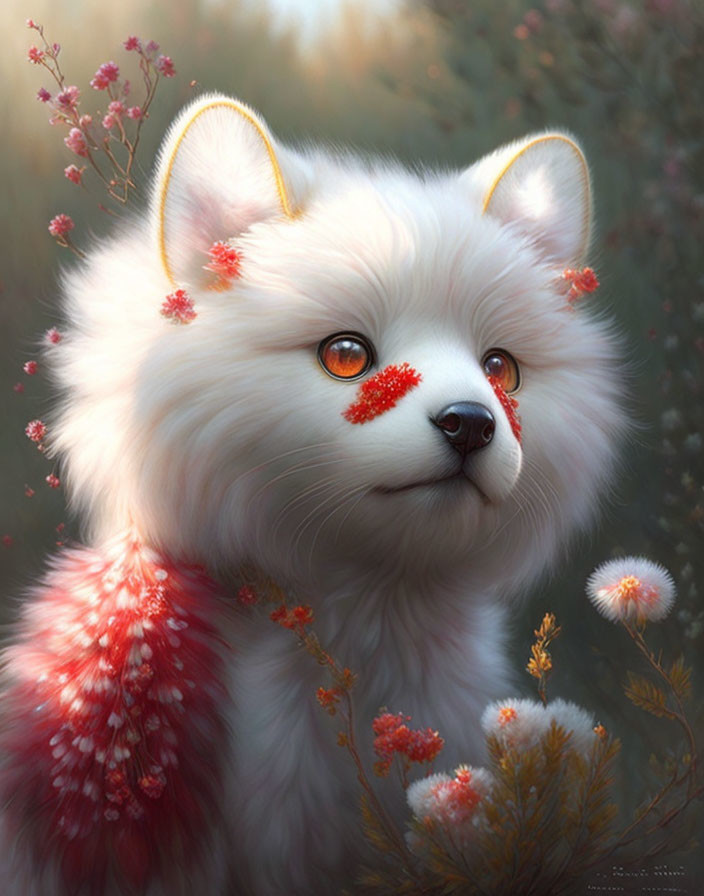 Fluffy white fox with pink flowers and red berries in serene natural setting