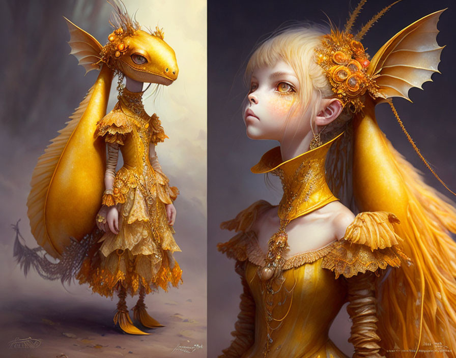 Fantasy artwork of girl merged with dragon in ornate attire