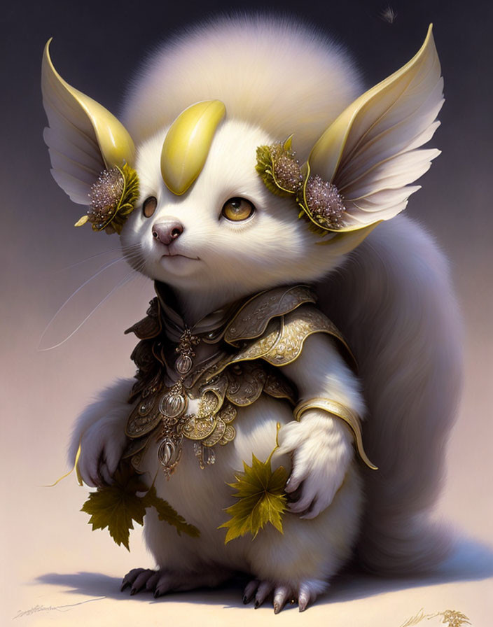 Fantasy creature with large ears, gold-adorned armor, and leaf.