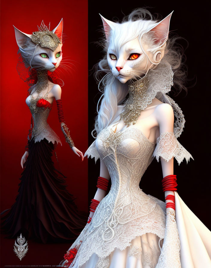 Stylized anthropomorphic cats in elegant gowns on red-black backdrop