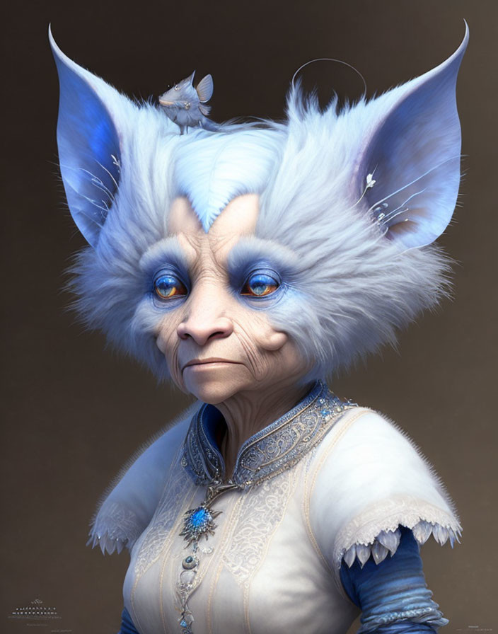 Fantastical creature portrait with blue and white fur and wise blue eyes