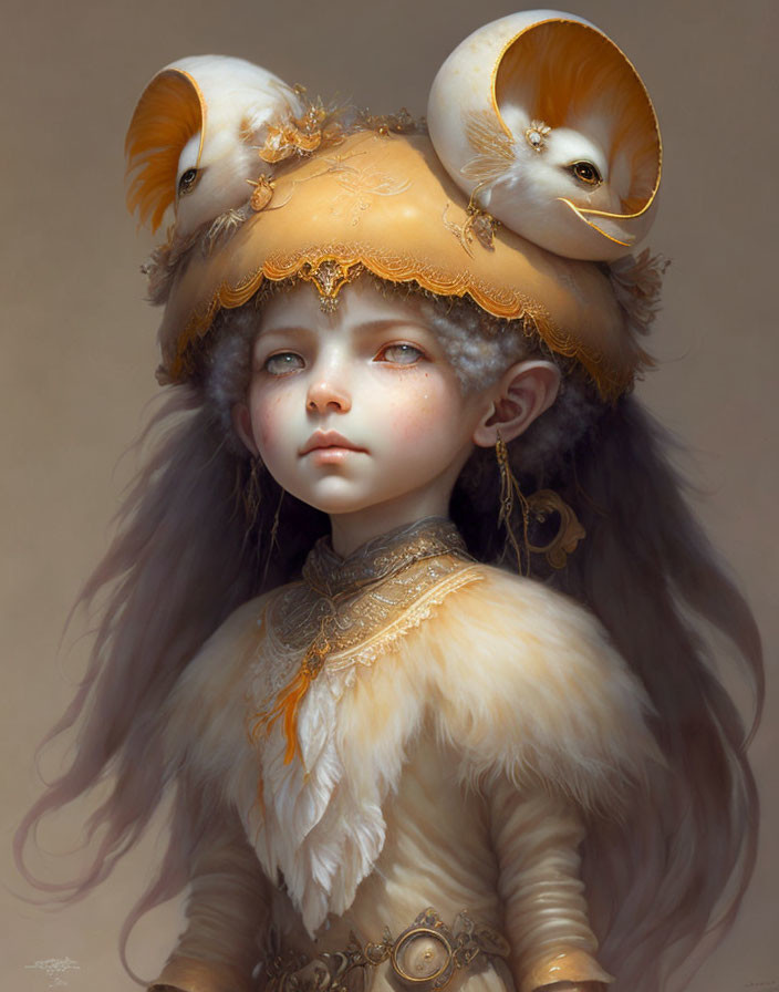 Young girl fantasy portrait with striking blue eyes and whimsical creature hat.