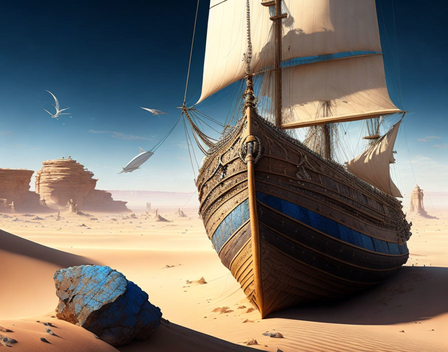 Wooden ship stranded in desert with sand dunes and flying birds