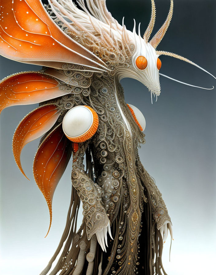 Orange and white tentacled creature with intricate patterns and large white eyes on grey background