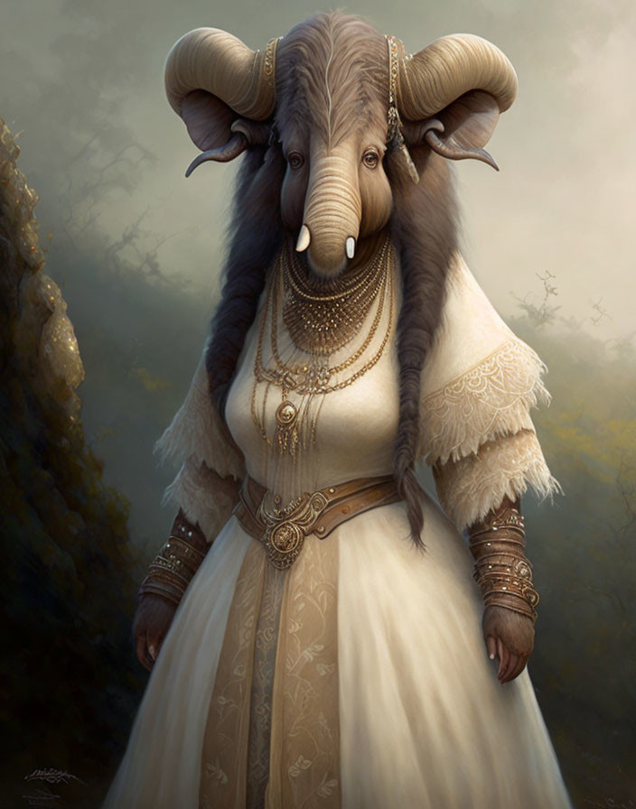 Detailed Victorian-style dress on anthropomorphic female elephant in dimly lit setting