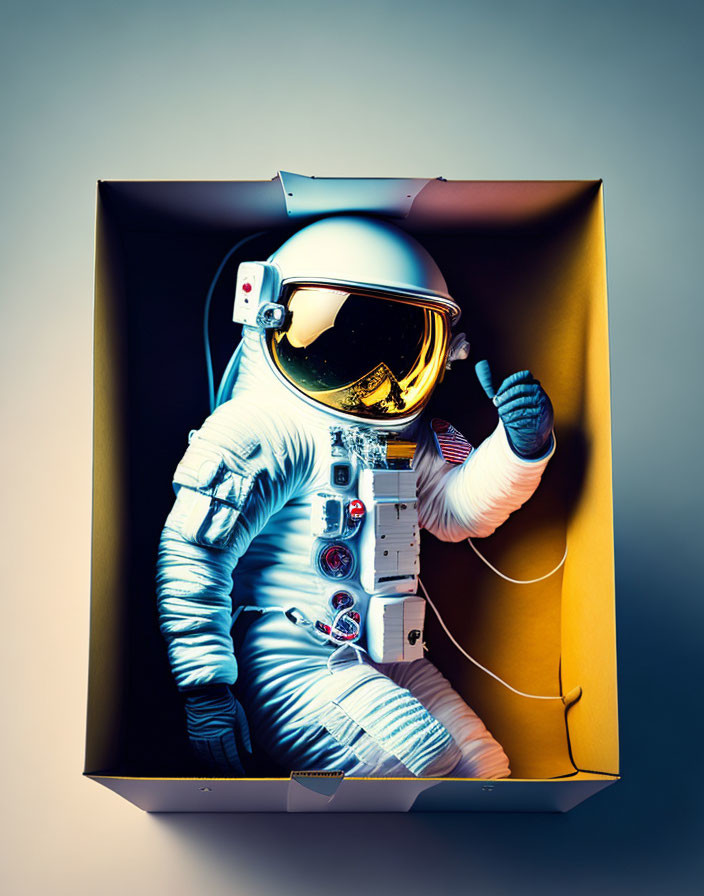 Astronaut in gold visor spacesuit gives thumbs-up in cardboard box